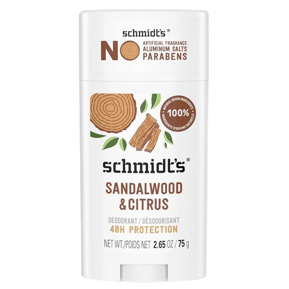 Schmidt's, Натуральный дезодорант, 48 часов, без алюминия, Sandalwood & Citrus, сандаловое дерево и цитрус, 75 г