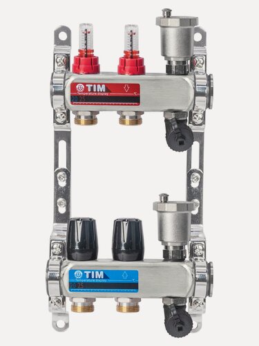 Изображение товара Коллекторная группа 2 контура с расходомерами 1" * 3/4" E, с дренажными кранами и воздухоотводчиками нерж. сталь, TIM, KCS5002