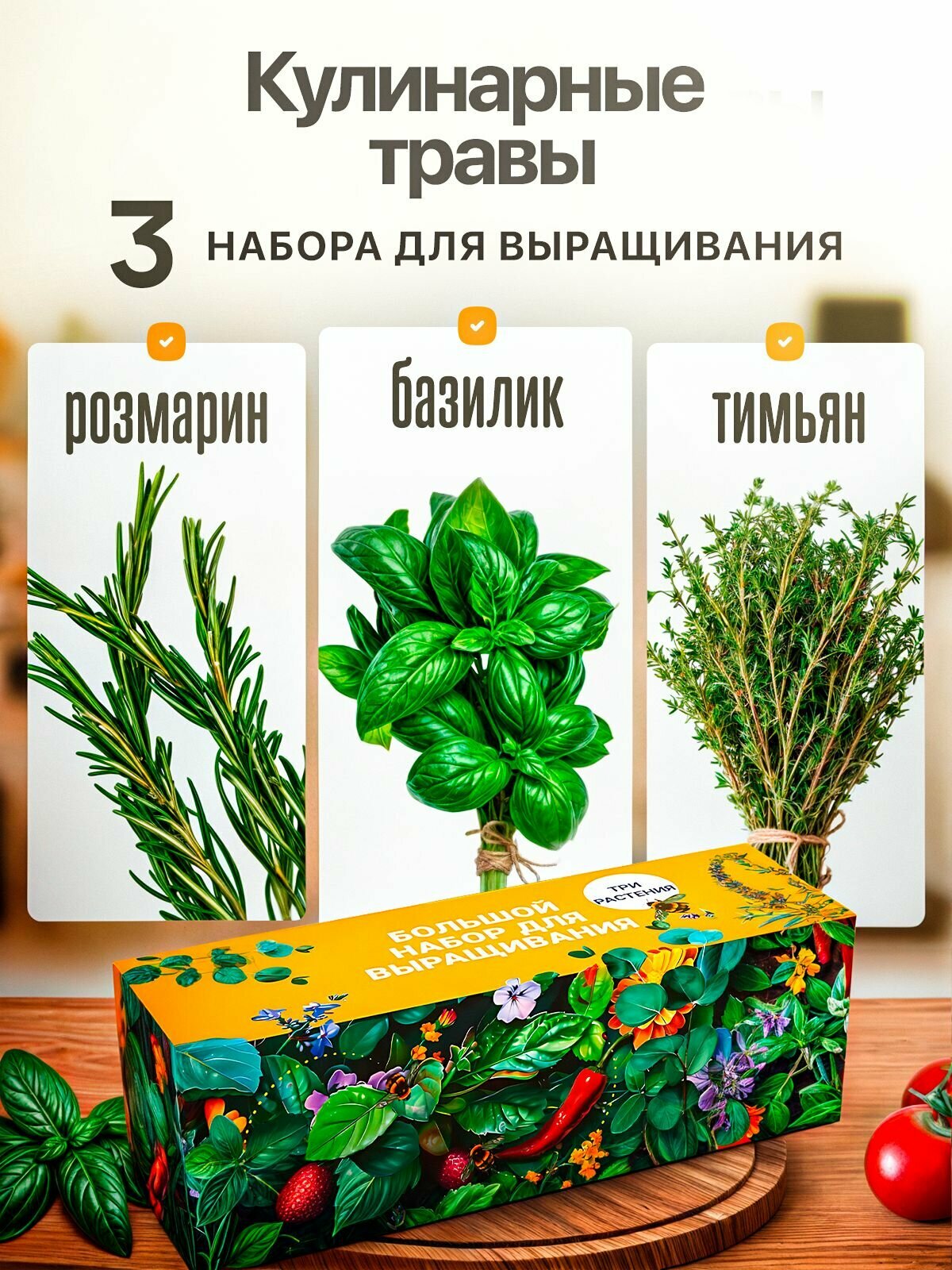 Набор для выращивания растений Кулинарные травы Тимьян Розмарин Базилик