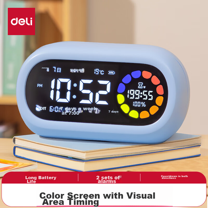 Deli Color Screen Visual Timer Alarm Clock for Children And Students, Self-Discipline Time Management Device, Blue LE106PRO