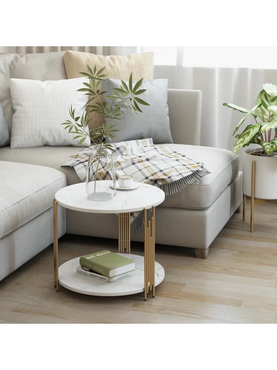 Столик журнальный REGENT style "император", металлический, стиль лофт, белый мрамор/золото