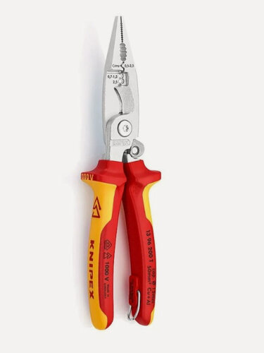 Изображение товара Клещи KNIPEX электромонтажные VDE, 6-в-1, защёлка-собачка, хром, 2-комп диэлектрические ручки, проушина KN-1396200T