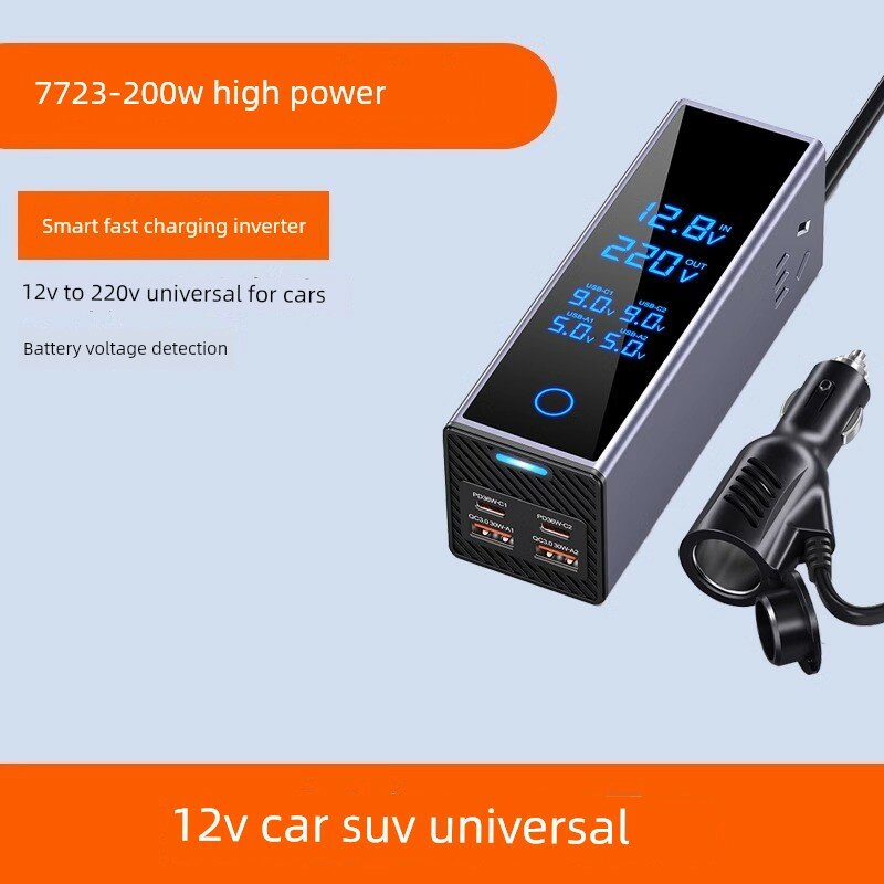 Автомобильный инвертор 12В в 220В 200Вт с быстрым зарядом QC3.0/PD3.0, отображение напряжения, ночная подсветка -