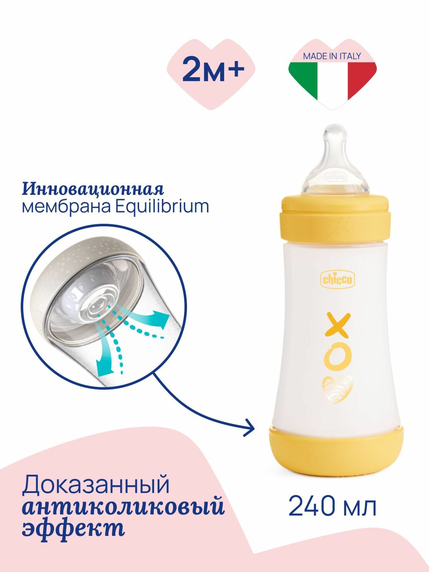 Бутылочка для кормления Chicco Perfect5 антиколиковая 240 мл средний поток, жёлтая