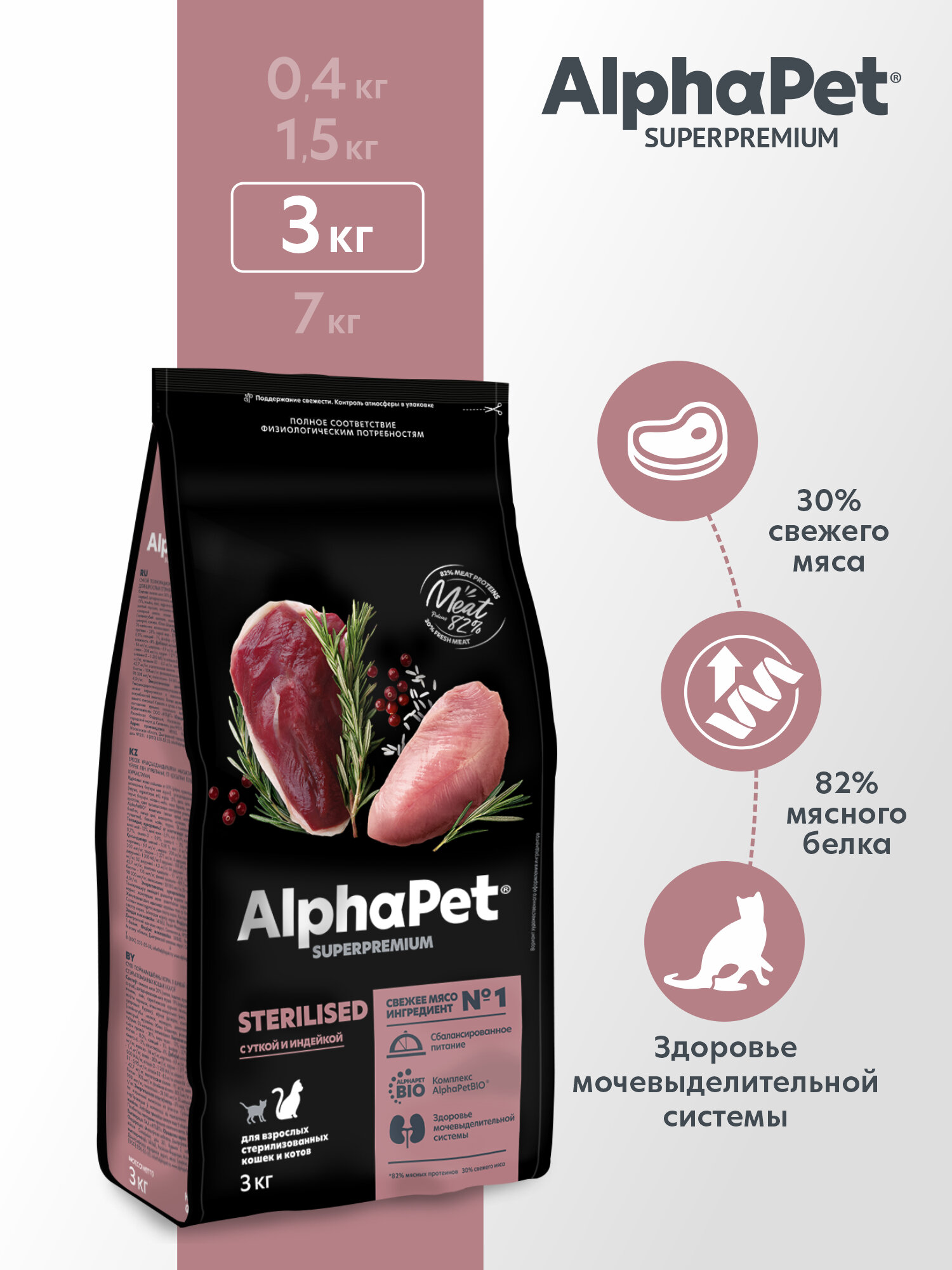 ALPHAPET SUPERPREMIUM STERILISED 3 кг сухой корм для взрослых стерилизованных кошек и котов с уткой и индейкой