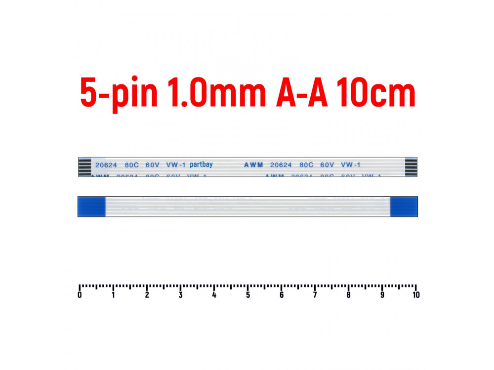 Шлейф FFC 5-pin Шаг 1.0mm Длина 10cm Прямой A-A AWM 20624 80C 60V VW-1
