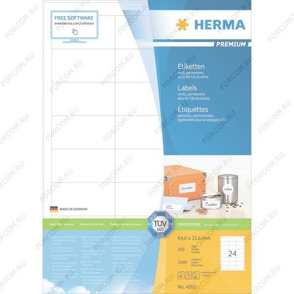 HERMA 4262 Этикетки самоклеющиеся Бумажные А4, 64.6 x 33.8, цвет: Белый, клей: перманентный, для печати на: струйных и лазерных аппаратах, в пачке: 100 листов/2400 этикеток