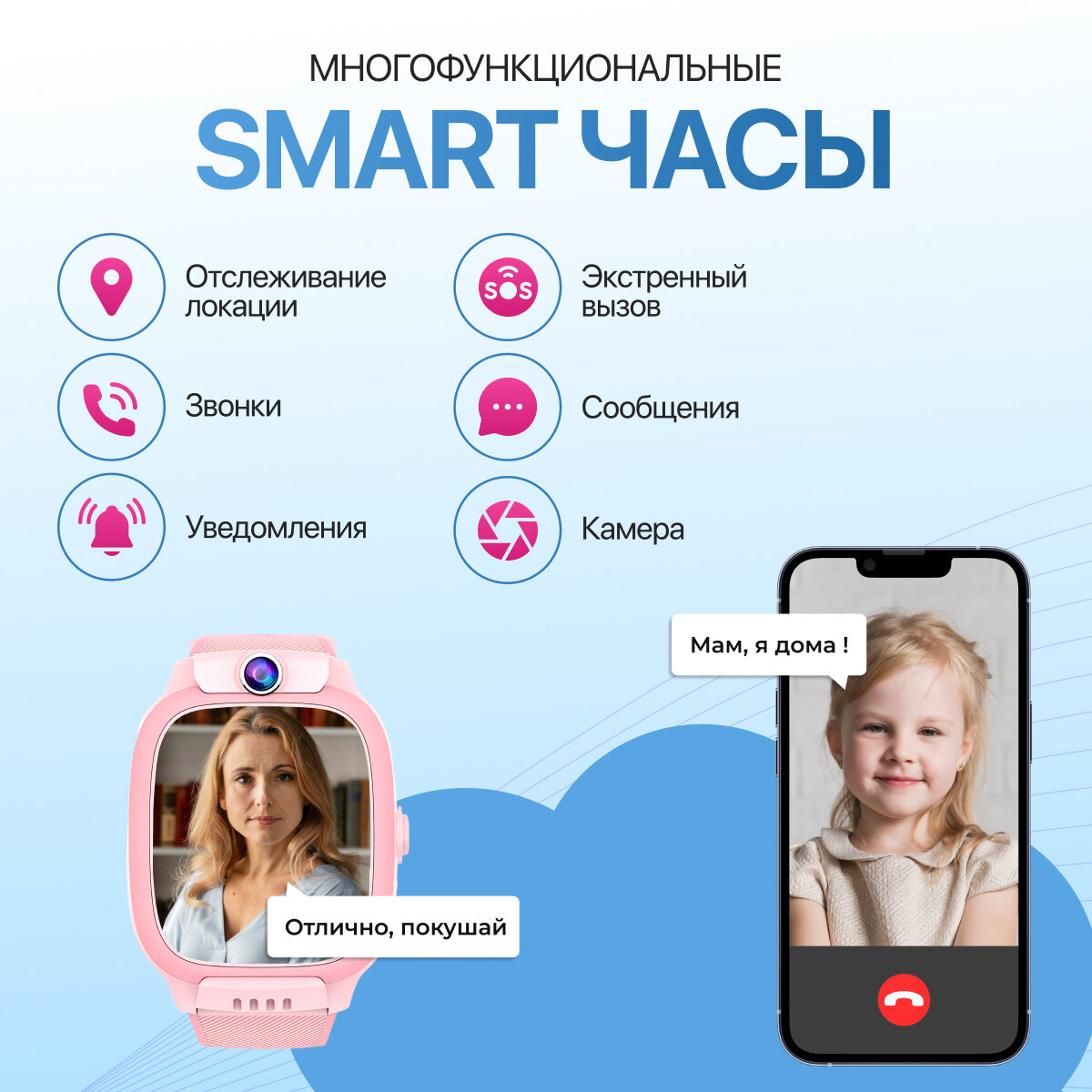 Смарт часы детские для девочки наручные с GPS, 4G и SIM-картой, розовые — фото 1