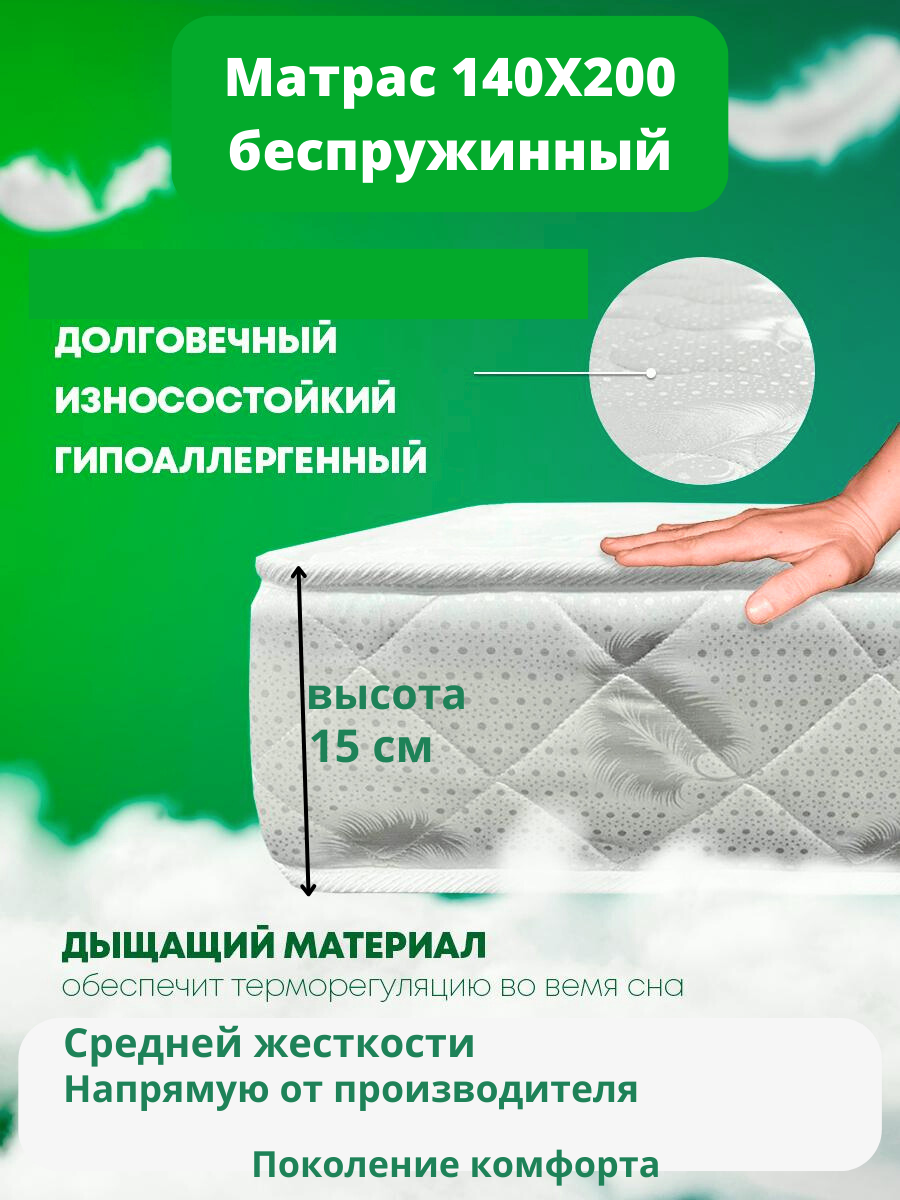 Матрас 140х200 беспружинный, бесклеевой ткань жаккард Welcome