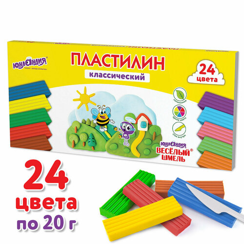 фото Пластилин классический юнландия "весёлый шмель", 24 цвета, 480 грамм, стек, высшее качество, 106433