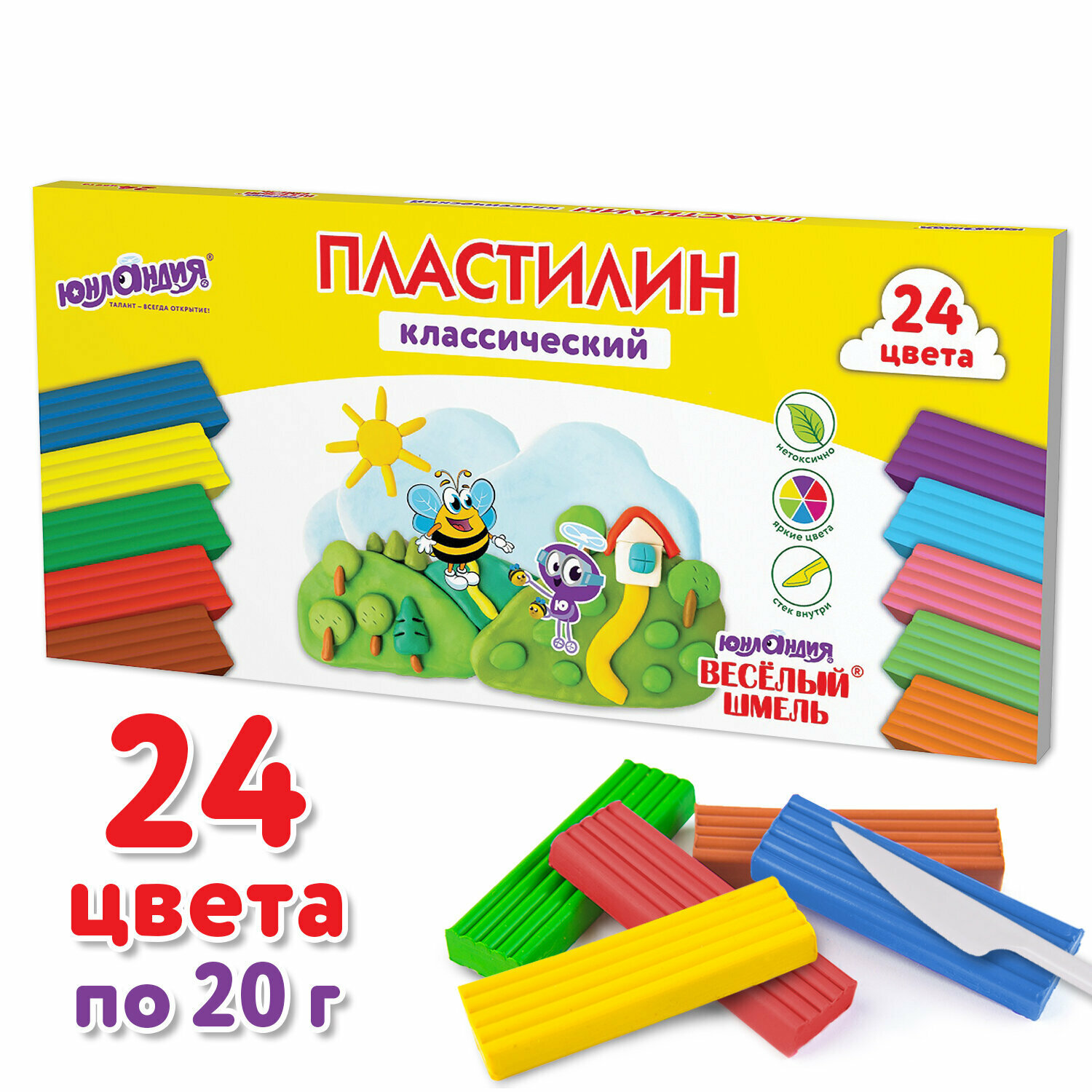 Пластилин классический Юнландия "Веселый шмель" 24 цвета, 480 г, стек, высшее качество