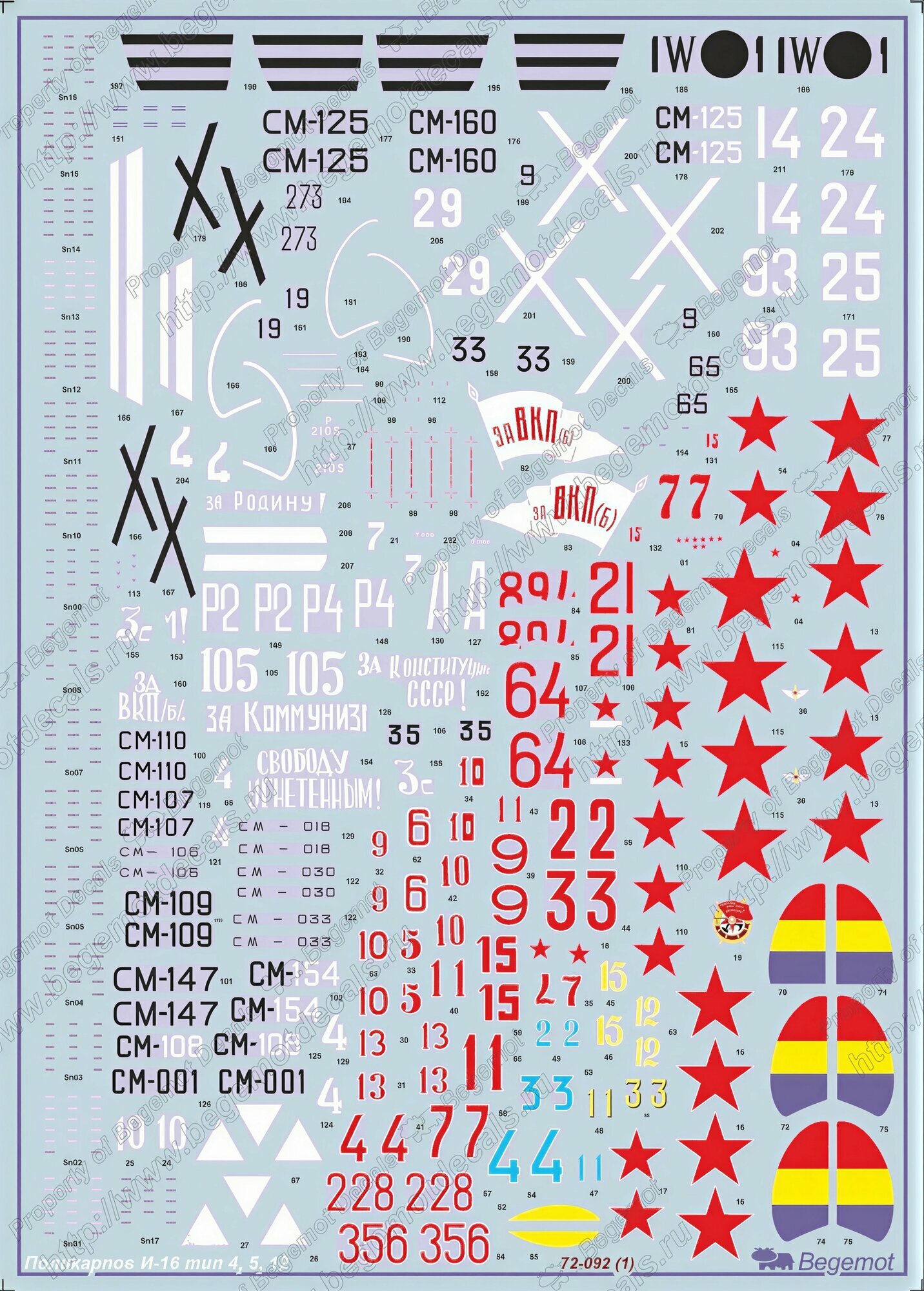 Декаль Поликарпов И-16, тип 4. 5, 12. Масштаб 1:72 — фото 1