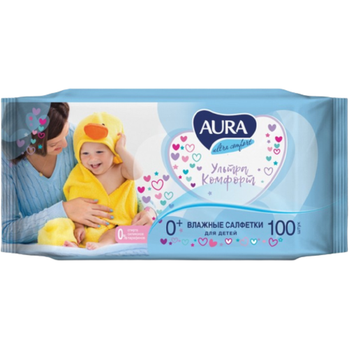 Влажные салфетки Aura Ultra Comfort для детей, с алоэ и витамином Е, 100 шт. средства для ванной и душа для мужчин aura ultra comfort влажные салфетки детские с экстрактом алоэ и витамином е