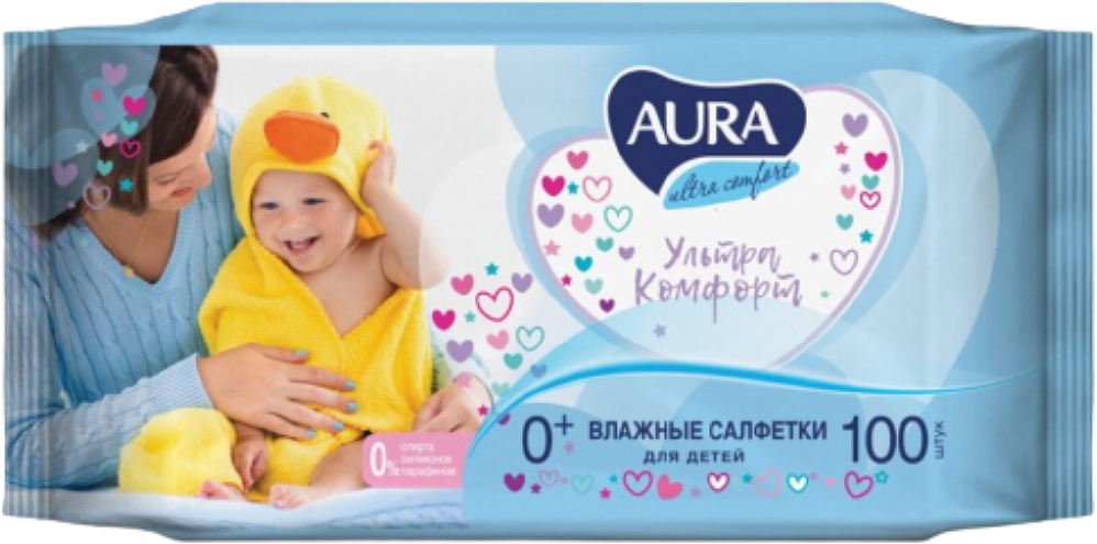 Влажные салфетки Aura Ultra Comfort для детей, с алоэ и витамином Е, 100 шт.