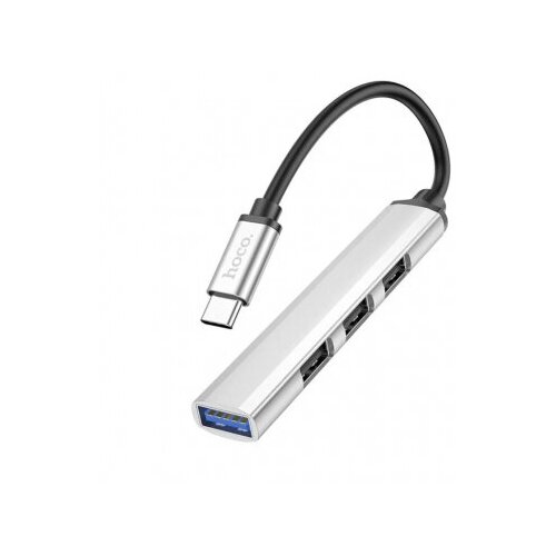 HUB адаптер Hoco HB26 4 in1, Type-C to USB3.0 + USB2.0*3, металлический корпус,13 см кабель, Серебристый