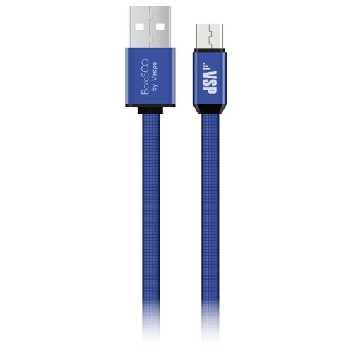 Дата-кабель USB - Micro USB, 3А, 1м, металл, в нейлоновой оплетке, плоский, синий, BoraSCO