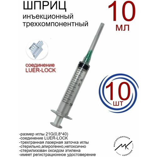 Шприцы одноразовые медицинские 10мл 21G(0,8х40мм) LUER-LOCK