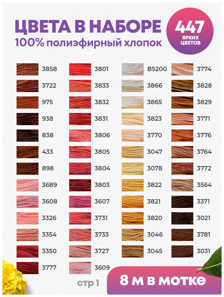 Мулине, нитки для вышивания, СХС, набор 447 разных цветов по 8 м, для творчества и рукоделия, для девочек — фото 1