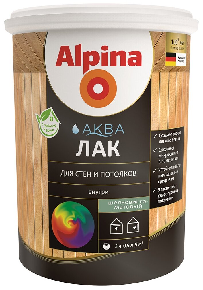 Лак для стен и потолков Alpina Аква, акриловый, шелковисто-матовый, 0,9 л