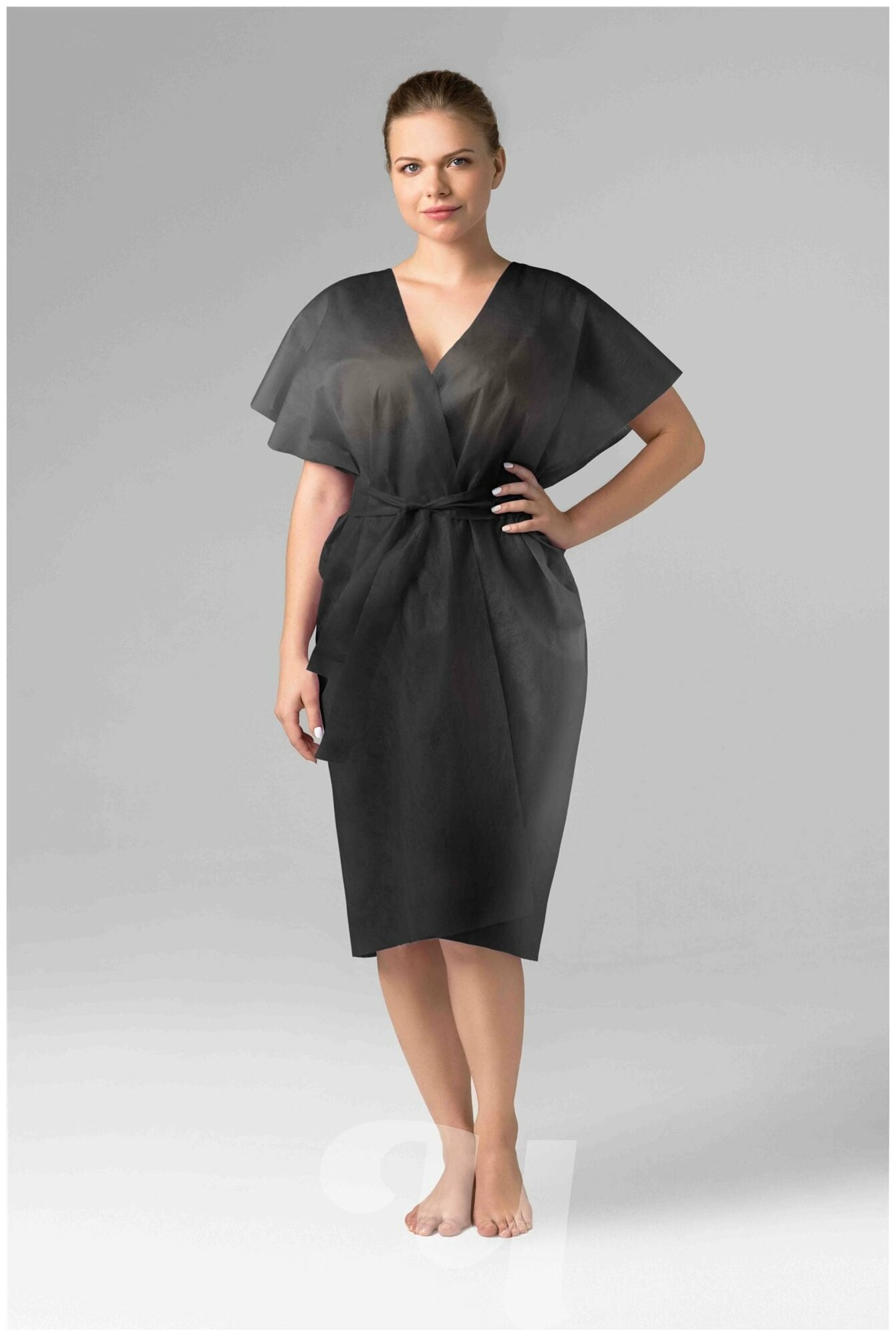 фото Халат-кимоно из спанбонда без рукавов с поясом, универсальный, черный, 10 шт/упк