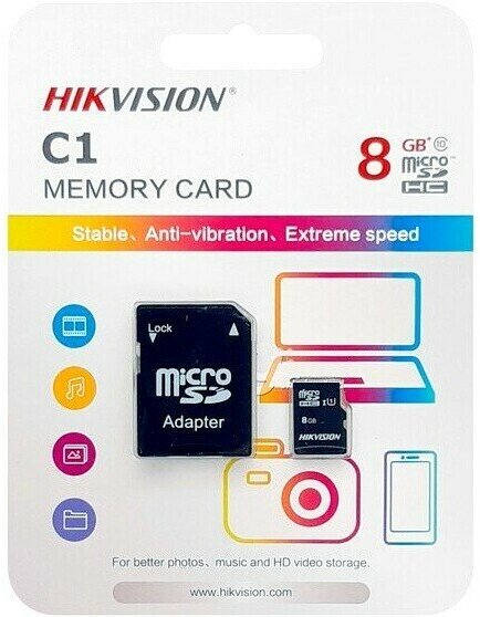 Карта памяти 8Gb MicroSD Hikvision C1 + SD адаптер (HS-TF-C1/8G) (HS-TF-C1(STD)/8G/ADAPTER)