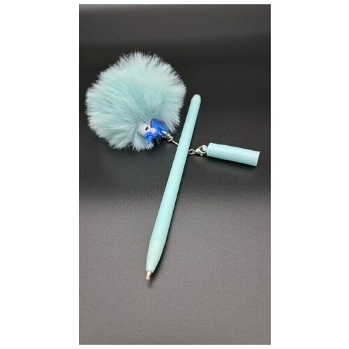 Ручка шариковая 0,7 мм синяя Unicorn, пушистый помпон, цвет мятный