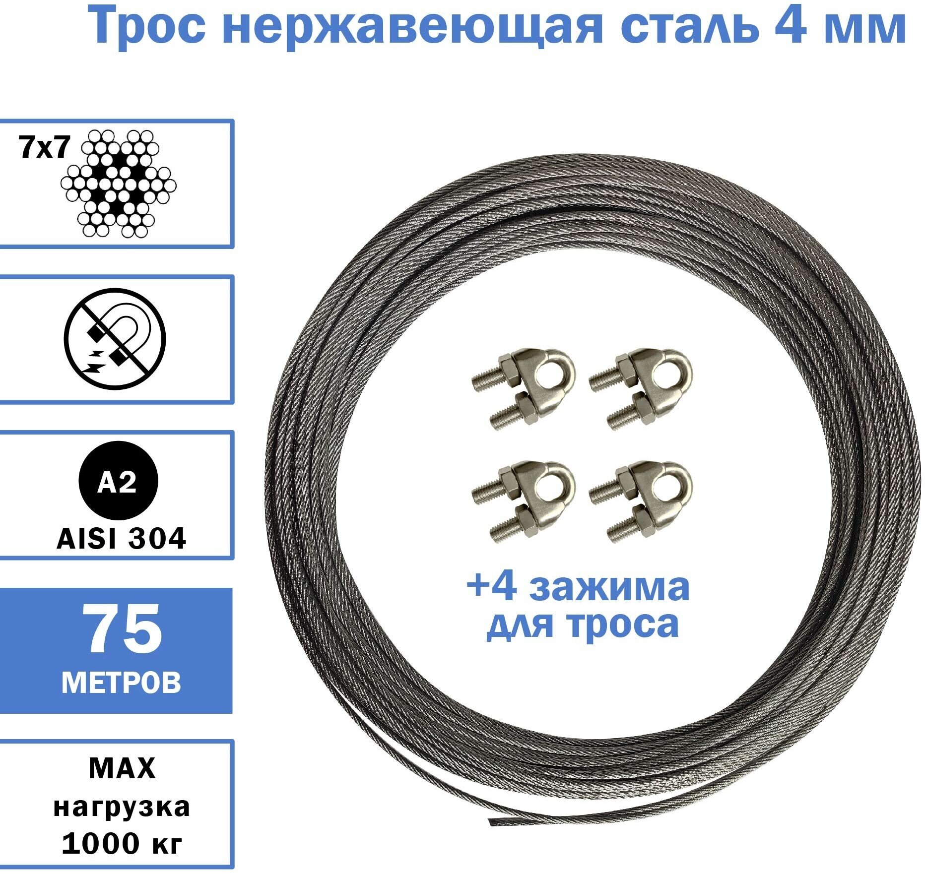 Трос из нержавеющей стали 4 мм средней жесткости+4 зажима нерж., AISI 304, разрывное усилие - 950 кг, 75 метров - фотография № 1