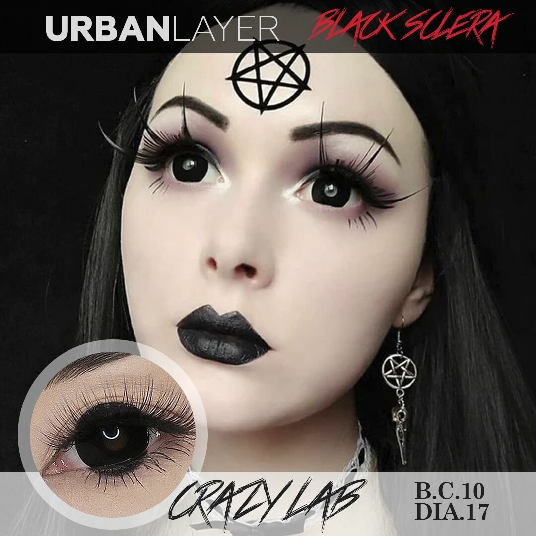 Цветные контактные линзы Urban Layer Crazy Lab Black Sclera 17mm, -1.5 / 10, чёрный, мини-склеры 2 шт.