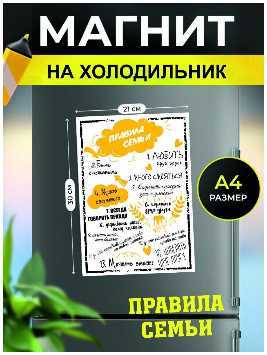 Магнит на холодильник сувенирный магнит Правила семьи (21 см х 30 см желтый)