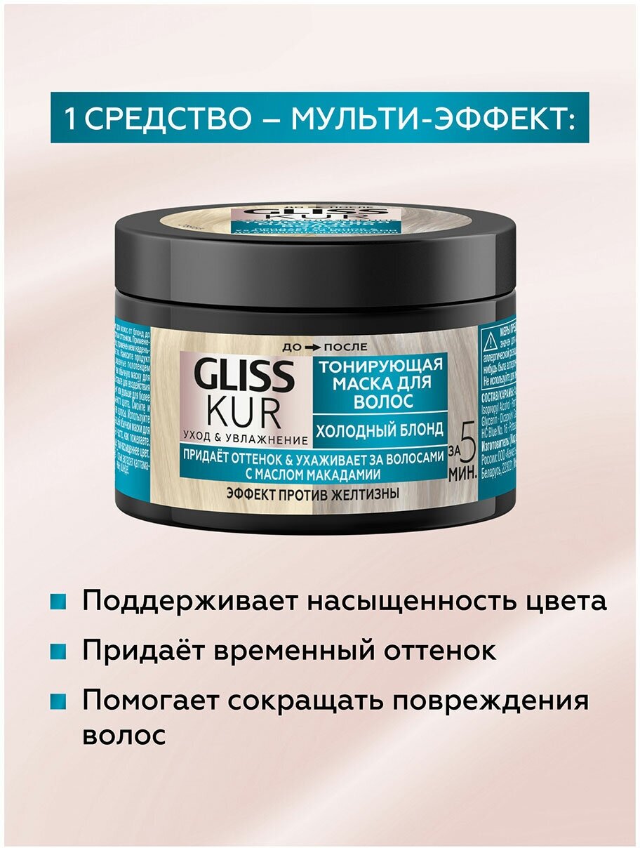 Маска тонирующая для волос 2-в-1 Gliss Kur Холодный блонд ухаживает за волосами с маслом макадами против желтизны, 150 мл - фото №10