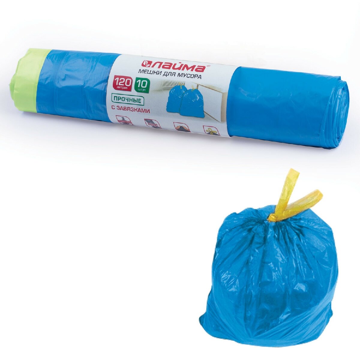 Мешки для мусора 120 л, завязки, синие, в рулоне 10 шт, ПВД, 35 мкм, 67х90 см (±5%), прочные, лайма, 601399