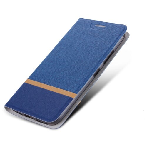 фото Чехол-книжка mypads для samsung galaxy a80 из водоотталкивающей ткани под джинсу с золотой полосой и вставкой под кожу синий
