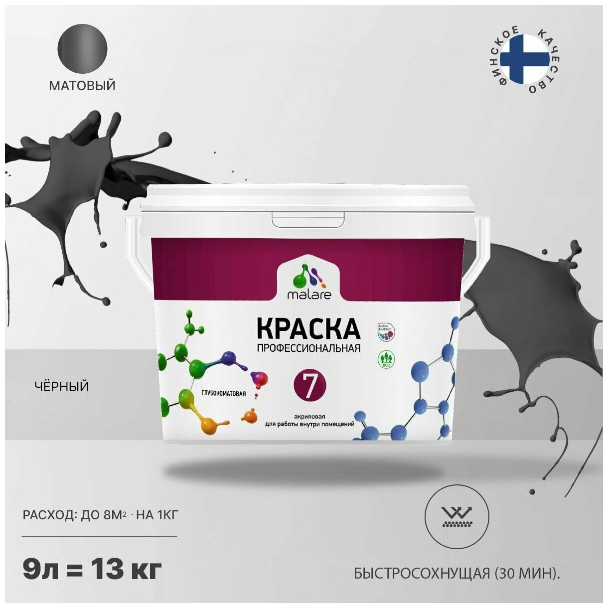 Краска Malare "Professional" Евро №7 для стен и обоев, быстросохнущая без запаха матовая, черный, (9л - 13кг).