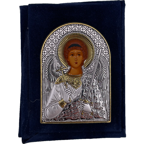 Икона дорожная Ангел Хранитель, бархатный чехол, шелкография, золотой, серебрянный декор 5,5*8 см