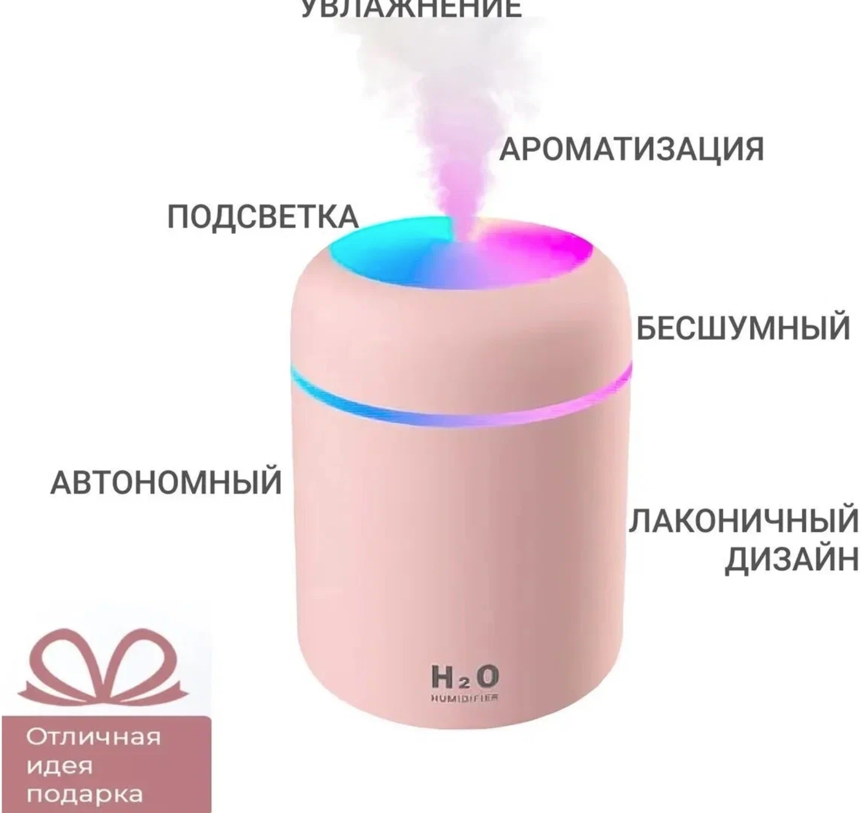 Аромадиффузор увлажнитель Humidifier H2O H2O, увлажнение и ароматизация воздуха, розовый — фото 1
