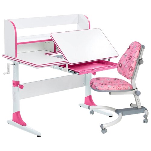фото Комплект anatomica smart-30 + k639: парта растущая, кресло, органайзер, полка белый/розовый с розовым с цветами креслом