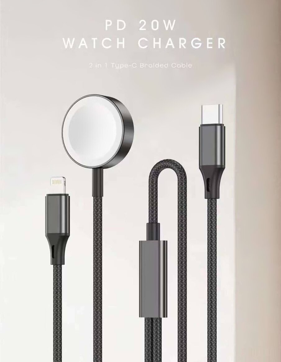 Нервущийся премиум кабель 2в1 Apple Watch/iPhone, USB-C 20W, черный графит