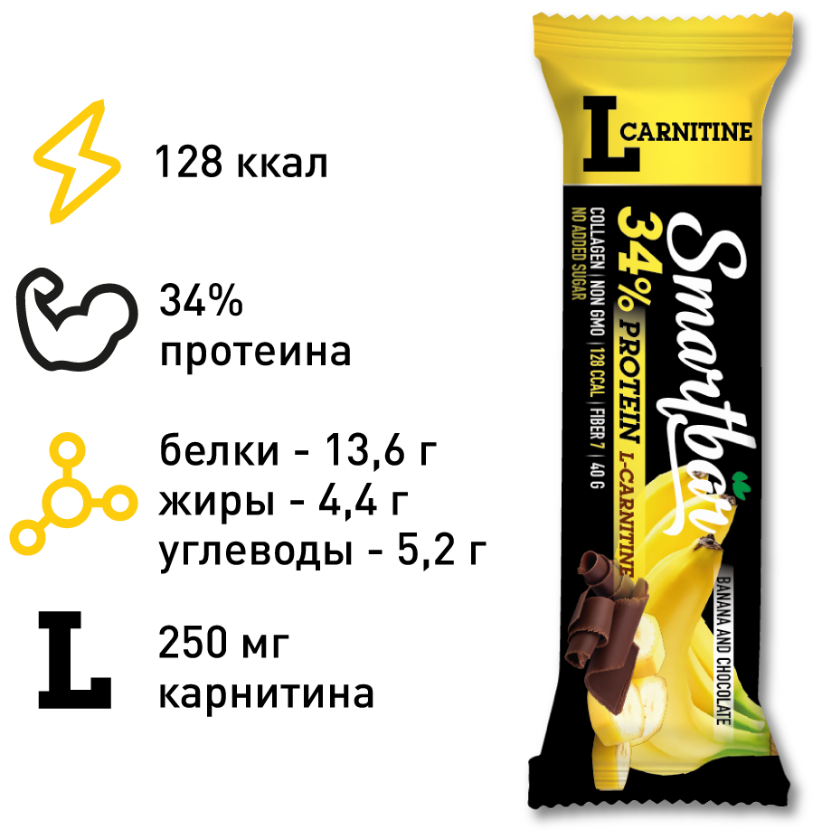 Батончик протеиновый Smartbar Protein L-carnitine "Банан-шоколад" с L-карнитином, 25 шт. х 40 г.
