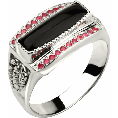 Кольцо CORDE Серебряное кольцо с натуральным ониксом и рубинами, размер 19,5, серебро, 925 проба, родирование, розовый