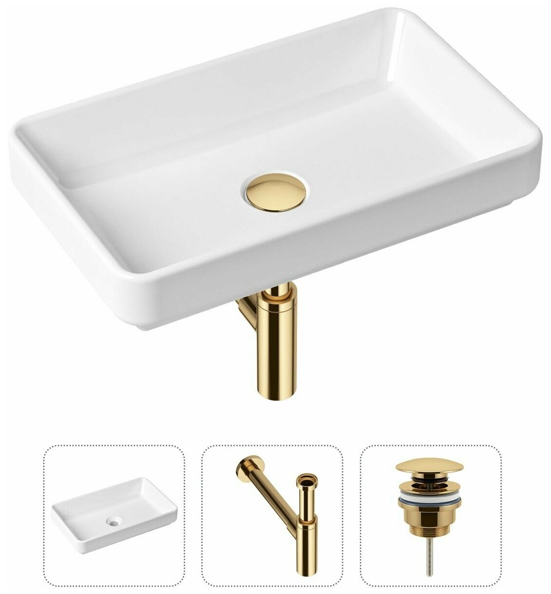 Комплект 3 в 1 Lavinia Boho Bathroom Sink 21520148: накладная фарфоровая раковина 55 см, металлический сифон, донный клапан
