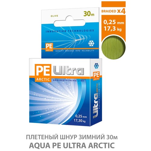 плетеный шнур aqua pe ultra arctic зимний 0 20 Плетеный шнур для рыбалки зимний AQUA PE ULTRA ARCTIC 0,25mm 30m, цвет - оливковый, test - 17,30kg