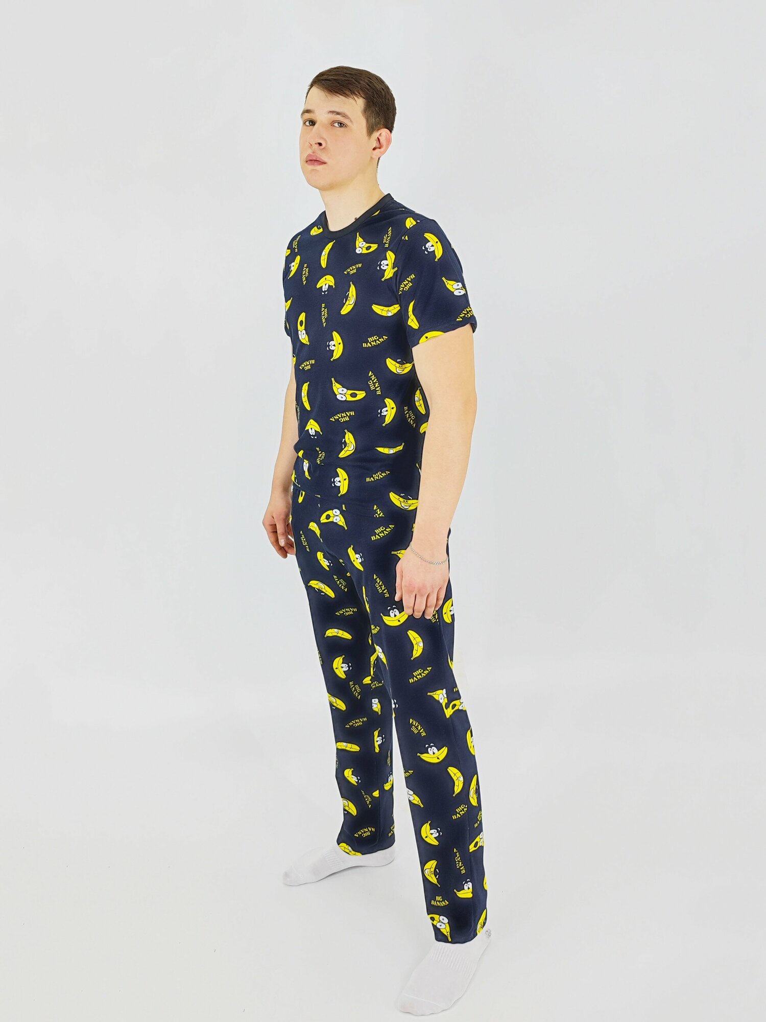 Мужская пижама, мужской пижамный комплект ARISTARHOV, Футболка + Брюки, Бананчик, синий желтый, размер 52 - фотография № 5