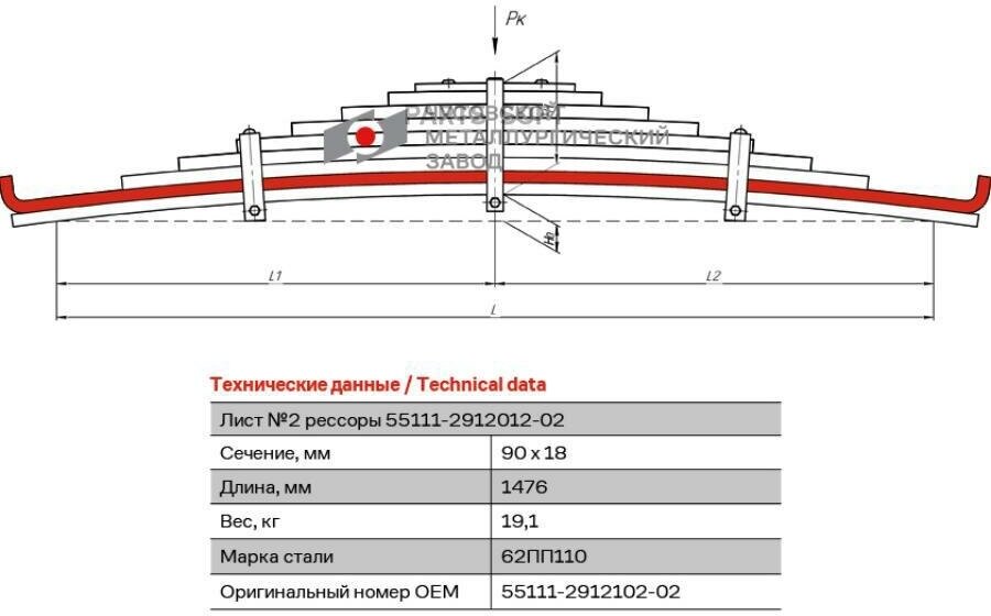 ЧМЗ 55111291210202 55111-2912102-02_лист рессоры! задней, 18x90 L=1440\ KAMAZ-55111