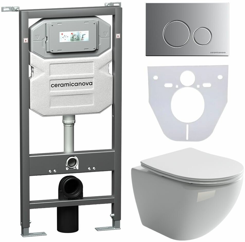 Комплект 4 в 1 Ceramicanova с инсталляцией Envision, безободковым унитазом Metropol, матовой клавишей Round