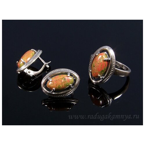 Комплект бижутерии: кольцо, серьги, яшма, размер кольца 19 брошь цапли со вставками из гелиотиса и ювелирного сплава