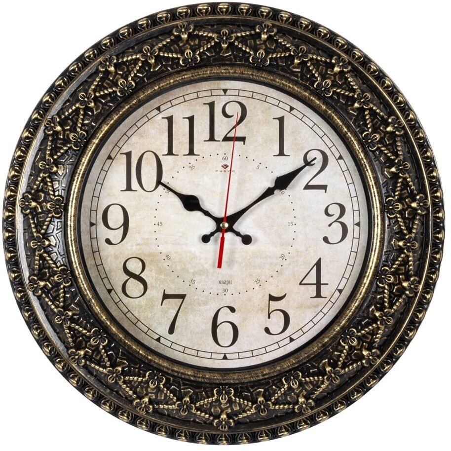 Часы настенные Рубин круглые 38 см, корпус черный с золотом "Классика" (3825-007)