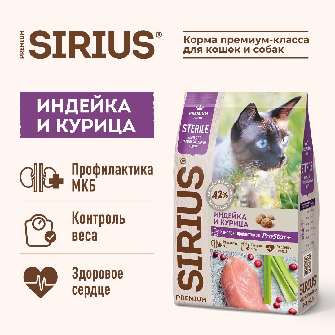 SIRIUS/Полнорационный сухой PREMIUM корм для стерилизованных кошек, Индейка и курица, 1.5 кг - фотография № 2