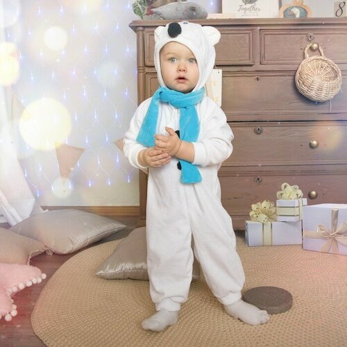 фото Карнавальный костюм для малышей «медвежонок белый» с голубым шарфом, велюр, хлопок, рост 74-92 см mikimarket