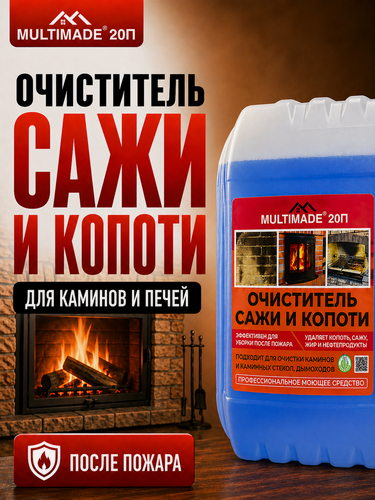 Изображение товара Очиститель сажи и копоти Мультимэйд 20П, средство после пожара, для каминов, печей, стекол и кирпича, 5 литров