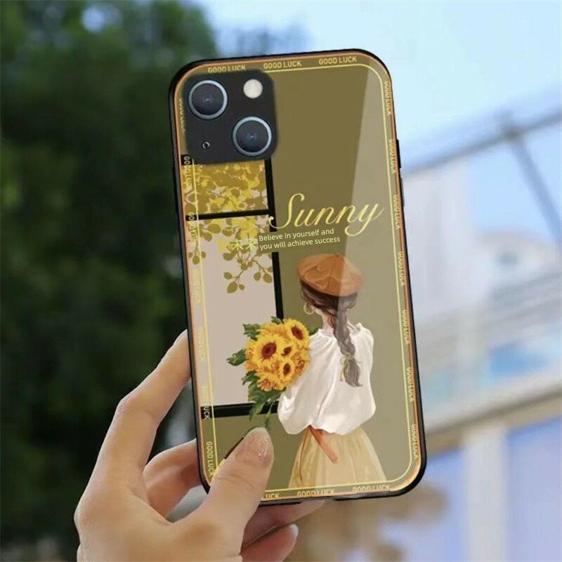 Цветок Подсолнуха Силуэт Девочки Стеклянный Чехол для iPhone 13 Pro Max - Будущее Яркое
